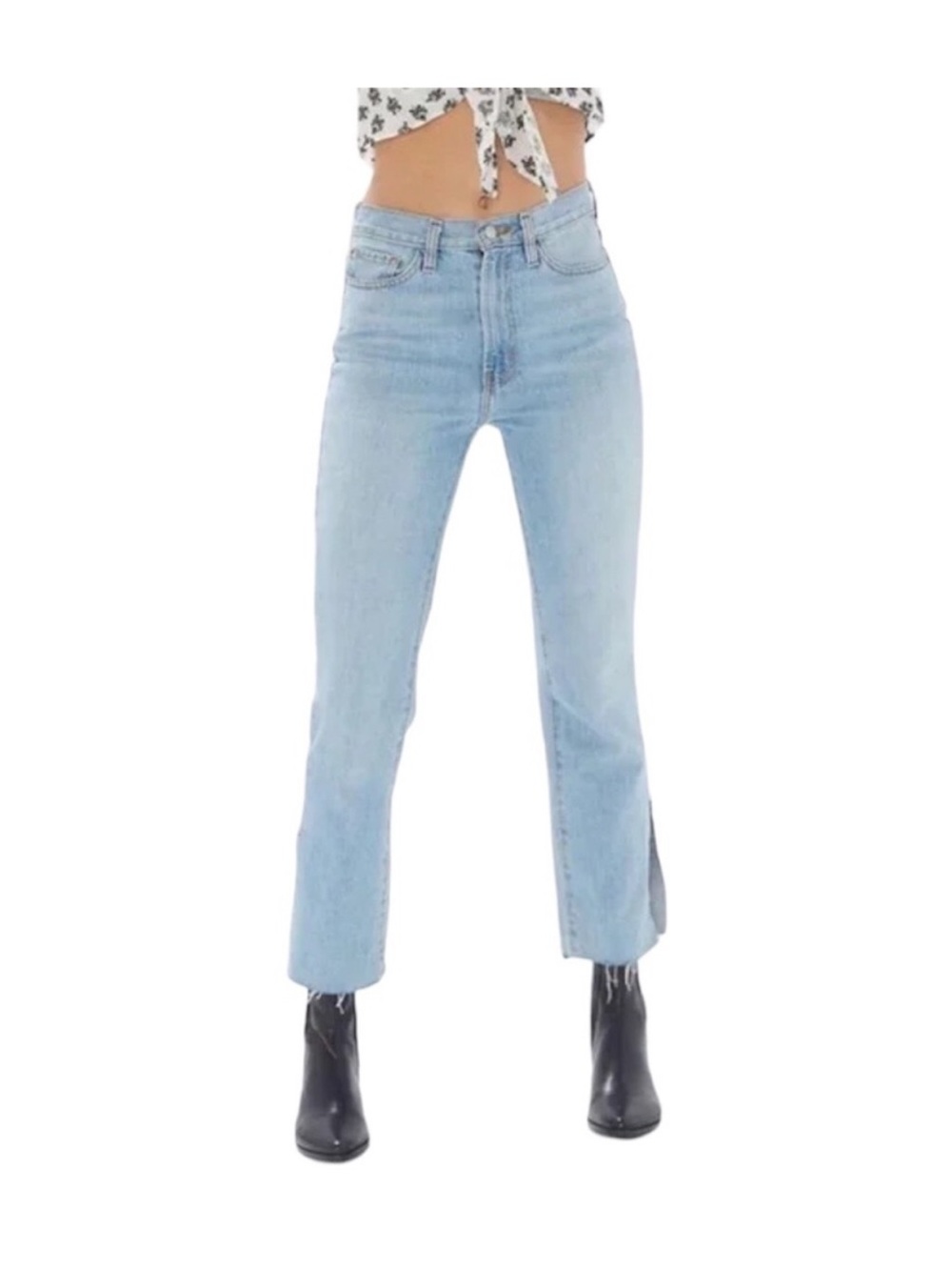 UO BDG Skylar Split Ankle Slim Flare Raw Hem High Rise Light Wash Denim Jeans